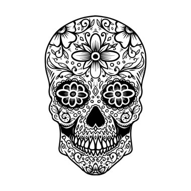 El çizimi Meksika şeker kafatası beyaz arka planda izole. Poster, kart, pankart, tişört, amblem, imza için tasarım öğesi. Vektör illüstrasyonu