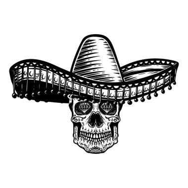 Sombrero 'da Meksika şekerli kafatası. Ölüm teması günü. Poster, tişört, amblem, imza için tasarım ögesi.