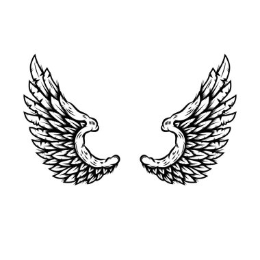Beyaz arka planda izole edilmiş dövmeli kartal kanatları. Poster, tişört, kart, amblem, imza, rozet tasarımı. Vektör illüstrasyonu