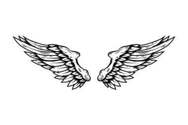 Beyaz arka planda izole edilmiş dövmeli kartal kanatları. Poster, tişört, kart, amblem, imza, rozet tasarımı. Vektör illüstrasyonu