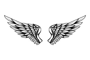 Beyaz arka planda izole edilmiş dövmeli kartal kanatları. Poster, tişört, kart, amblem, imza, rozet tasarımı. Vektör illüstrasyonu
