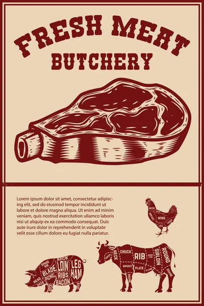 新鲜肉 海报模板与肉切碎在烤背景 矢量说明 — 图库矢量图片