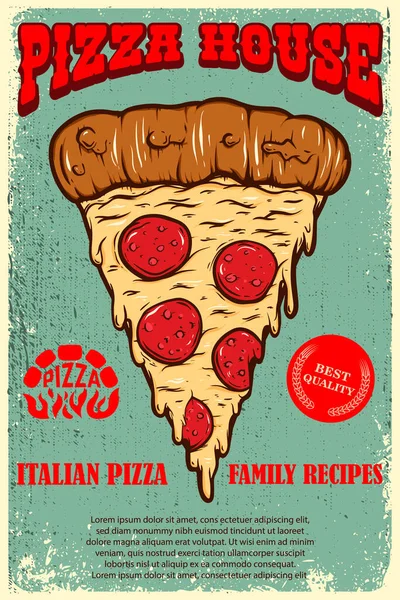 Plantilla Póster Pizzería Rebanada Pizza Italiana Sobre Fondo Grunge Elemento — Archivo Imágenes Vectoriales