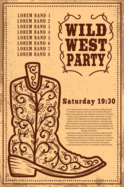 Festa Selvaggia Del West Modello Poster Con Stivale Cowboy Sfondo — Vettoriale Stock