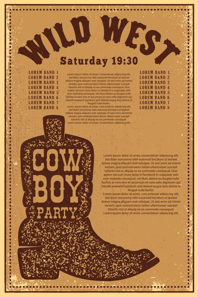 Festa Oeste Selvagem Modelo Cartaz Com Bota Cowboy Fundo Grunge — Vetor de Stock