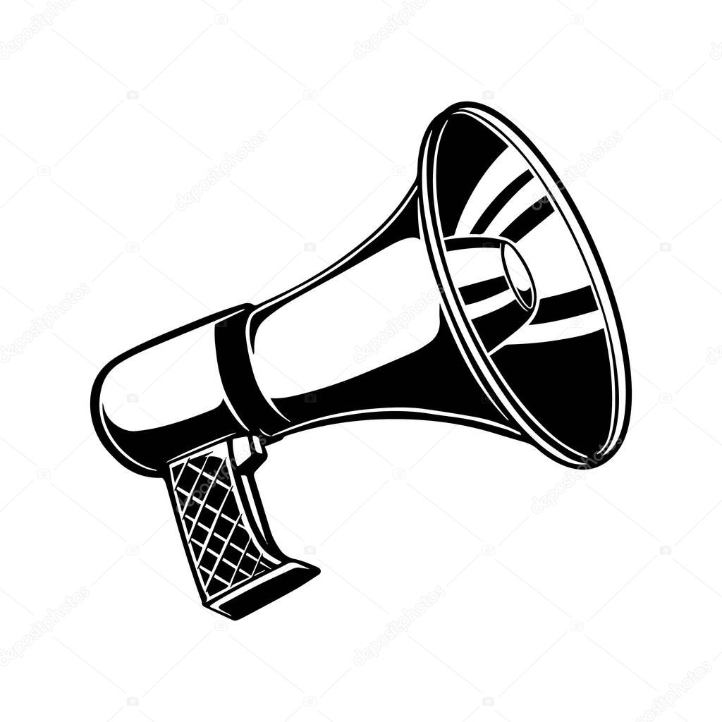 Megaphone illustration in engraving style isolated on white background. Design element for poster, card, banner, flyer. Vector illustration