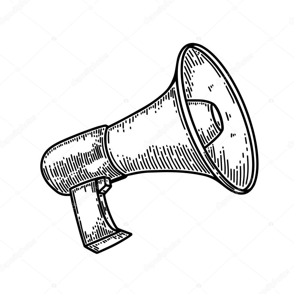 Megaphone illustration in engraving style isolated on white background. Design element for poster, card, banner, flyer. Vector illustration