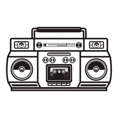 Müzik kutusu kasetçalarları. Poster, kart, afiş, broşür, amblem, imza için tasarım ögesi. Vektör illüstrasyonu