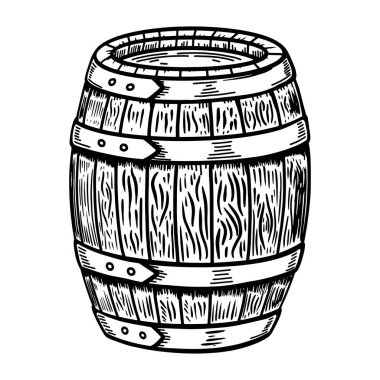 Beyaz üzerine izole edilmiş ahşap fıçı tasviri. Logo, etiket, işaret, poster ve el ilanları için tasarım elemanı. Vektör illüstrasyonu