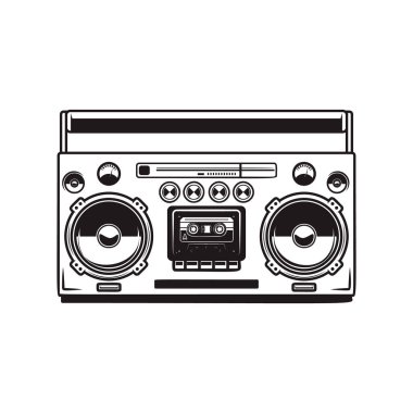 Müzik kutusu kasetçalarları. Poster, kart, afiş, broşür, amblem, imza için tasarım ögesi. Vektör illüstrasyonu