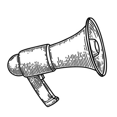 Beyaz arkaplanda izole edilmiş oymacılık tarzında megafon illüstrasyonu. Poster, kart, afiş ve el ilanları için tasarım elemanı. Vektör illüstrasyonu