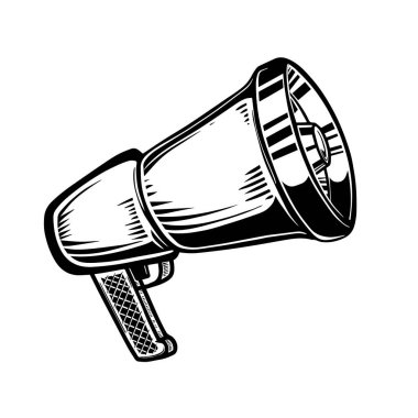Beyaz arkaplanda izole edilmiş oymacılık tarzında megafon illüstrasyonu. Poster, kart, afiş ve el ilanları için tasarım elemanı. Vektör illüstrasyonu