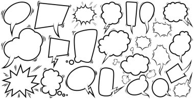 Boş komik konuşma baloncukları seti. Poster, tişört, amblem, işaret, etiket, afiş, el ilanı için tasarım elemanı. Vektör illüstrasyonu 