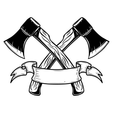 Kurdeleli iki çapraz balta. Logo, etiket, işaret, poster, kart, pankart için tasarım elemanı. Vektör illüstrasyonu