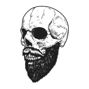 Beyaz arka planda kabartma şeklinde sakallı kafatası. Logo, etiket, işaret, poster, pankart ve tişört için tasarım elemanı. Vektör illüstrasyonu