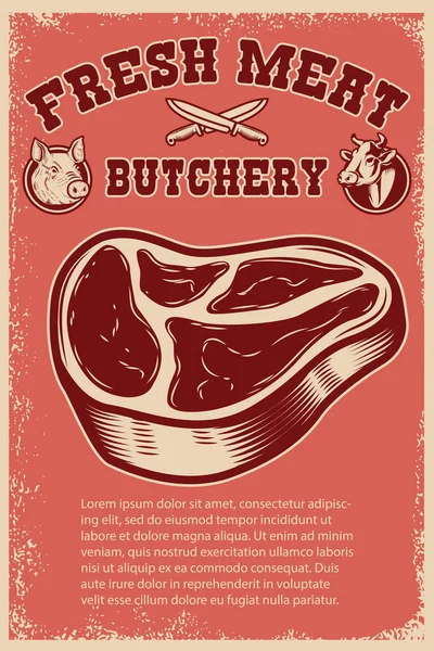 新鮮な肉だ 肉をグランジの背景にカットしたポスターテンプレート ベクターイラスト — ストックベクタ