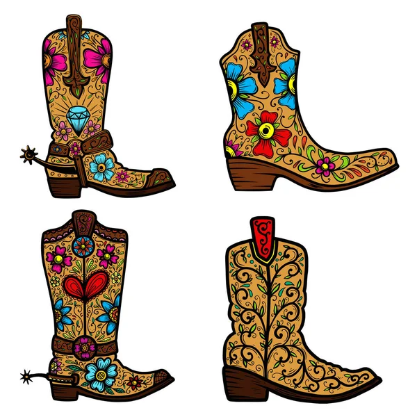 Set Cowboy Boot Floral Pattern Design Element Poster Shirt Emblem — Stock Vector