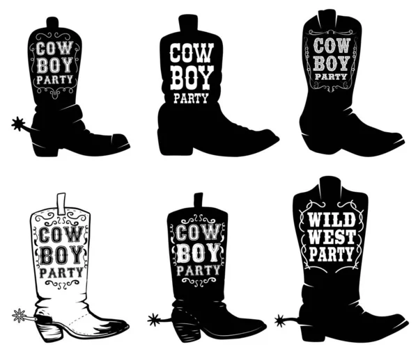 Festa Dei Cowboy Set Illustrazione Stivali Cowboy Con Scritte Elementi — Vettoriale Stock