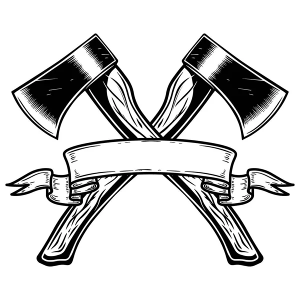 Два Скрещенных Топора Лентой Элемент Дизайна Логотипа Этикетки Знака Плаката — стоковый вектор