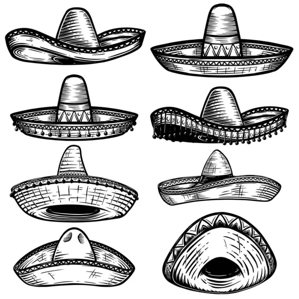 Set Mexican Sombrero Tattoo Style Isolated White Background Design Element —  Vetores de Stock