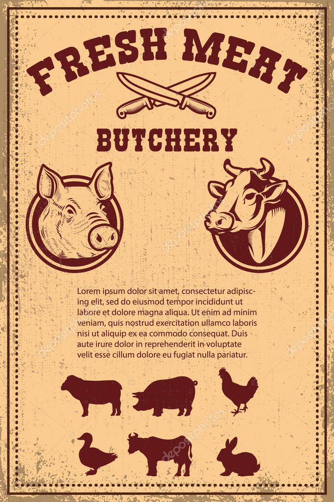 Fresh meat. Poster template with meat cut on grunge background. Vector illustration