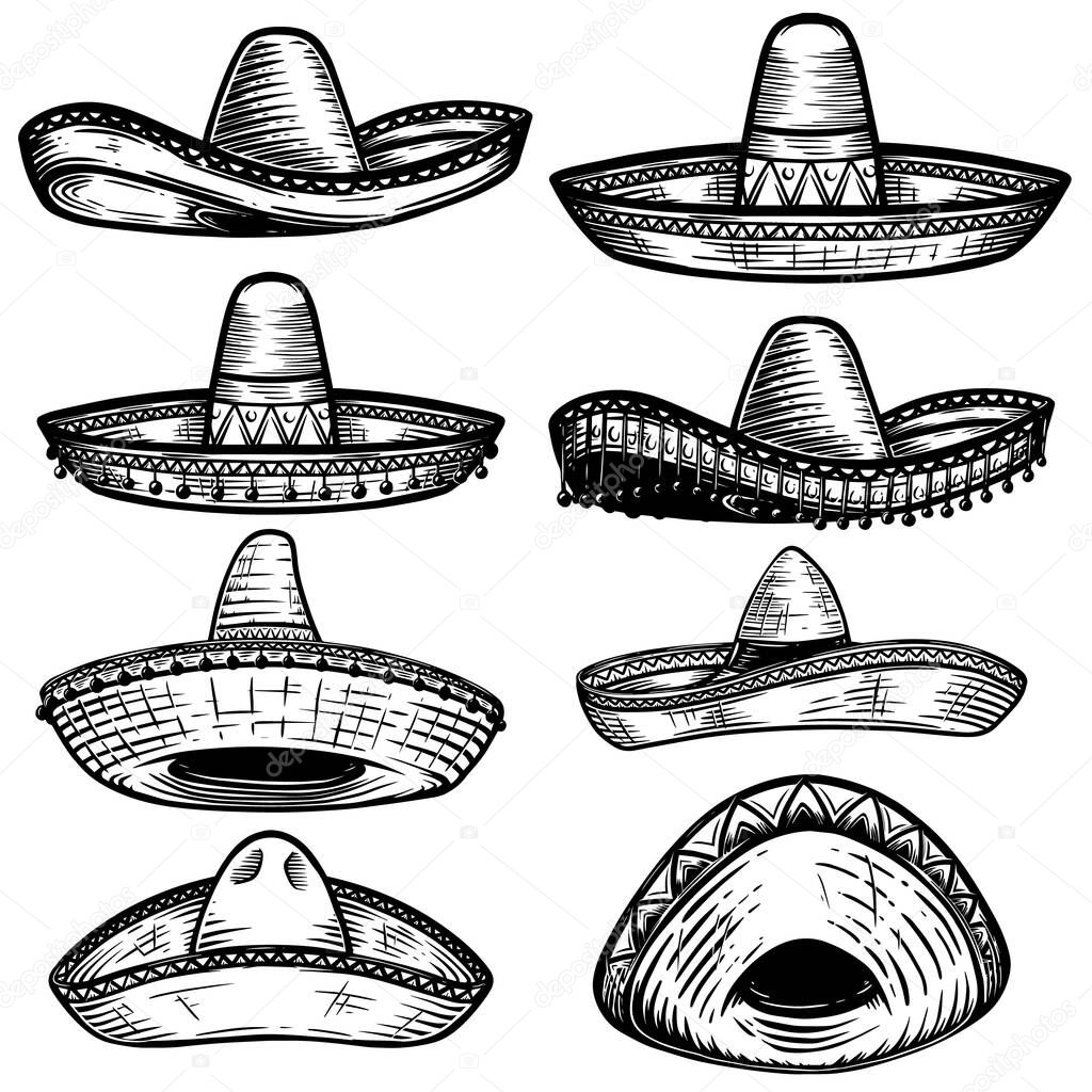 Set of Mexican sombrero in tattoo style isolated on white background. Design element for poster, t shit, card, emblem, sign, badge. 