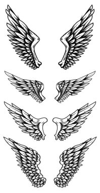 Dövme stili kartal kanatları. Logo, etiket, tabela, poster ve tişört için tasarım elemanları. Vektör illüstrasyonu