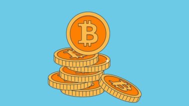 Bitcoin işaretli altın sikkelerin düz stili animasyonu.