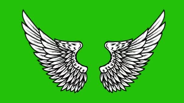 Animáció repülő szárnyak zöld háttérrel. Angyal szárnyak animáció. 