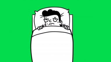 Yatakta sıcak olan adamın el yapımı animasyonu.