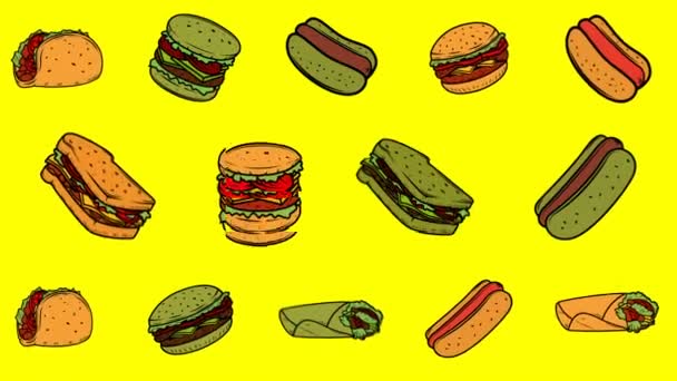 Fundal Animat Fast Food Burger Hot Dog Taco Burrito — Videoclip de stoc