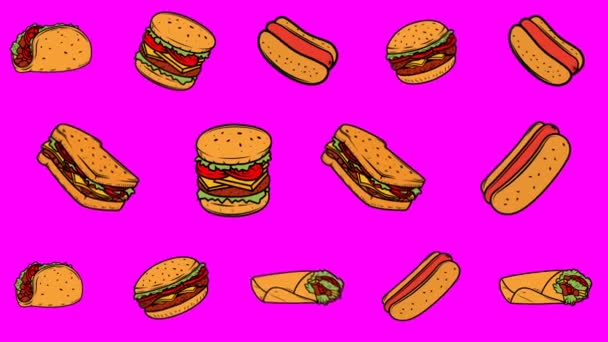 Animierter Hintergrund Mit Fast Food Burger Hot Dog Taco Burrito — Stockvideo