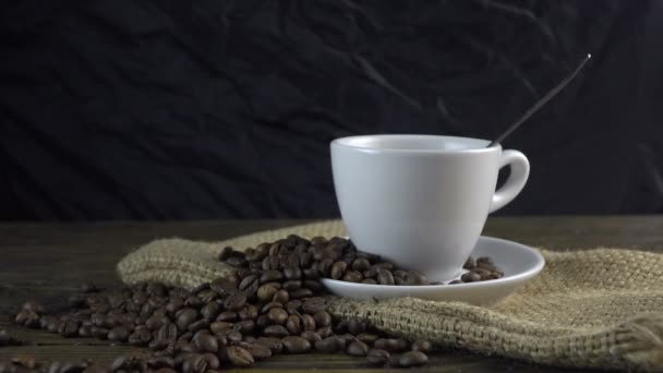 Cup Kaffe Grov Trä Bakgrund — Stockvideo