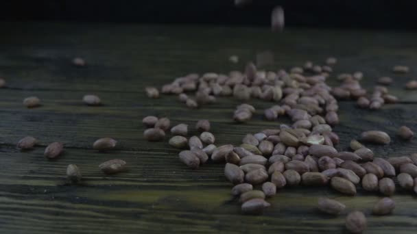 Peanuts Falling Wooden Surface Slow Motion — Stock Video