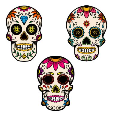 El çizimi Meksika şekeri kafatası beyaz arka planda izole edilmiş. Poster, kart, pankart, tişört, amblem, imza için tasarım öğesi. Vektör illüstrasyonu