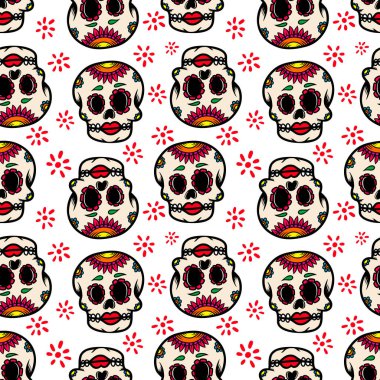 Meksika şekerli kafatasları ile kusursuz desen. Poster, kart, el ilanı ve afiş için tasarım elemanı. Vektör illüstrasyonu