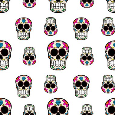 Meksika şekerli kafatasları ile kusursuz desen. Poster, kart, el ilanı ve afiş için tasarım elemanı. Vektör illüstrasyonu