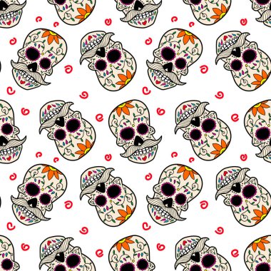 Meksika şekerli kafatasları ile kusursuz desen. Poster, kart, el ilanı ve afiş için tasarım elemanı. Vektör illüstrasyonu