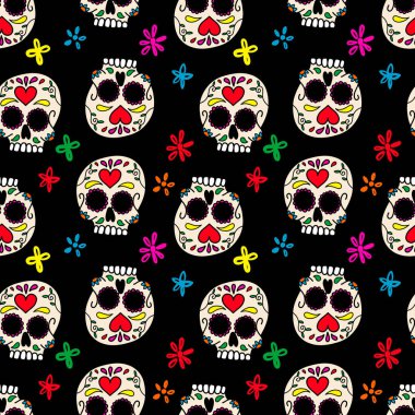 Meksika şekerli kafatasları ile kusursuz desen. Poster, kart, el ilanı ve afiş için tasarım elemanı. Vektör illüstrasyonu