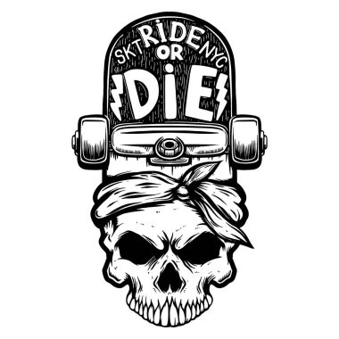 Sür ya da öl. Kaykaylı bir kafatası. Logo, etiket, işaret, iğne, poster, tişört için tasarım elemanı. Vektör illüstrasyonu