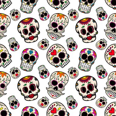 Meksika şekerli kafatasları ile kusursuz desen. Poster, kart, el ilanı ve afiş için tasarım elemanı. Vektör illüstrasyonu