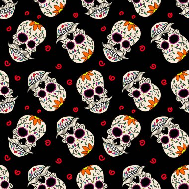 Meksika şekerli kafatasları ile kusursuz desen. Poster, kart, el ilanı ve afiş için tasarım elemanı. Vektör illüstrasyonu