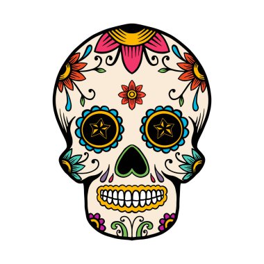 El çizimi Meksika şeker kafatası beyaz arka planda izole. Poster, kart, pankart, tişört, amblem, imza için tasarım öğesi. Vektör illüstrasyonu