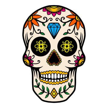 El çizimi Meksika şeker kafatası beyaz arka planda izole. Poster, kart, pankart, tişört, amblem, imza için tasarım öğesi. Vektör illüstrasyonu