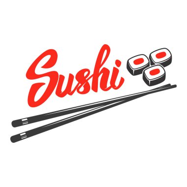 Suşi dükkanının amblem şablonu. Logo, etiket, işaret, poster için tasarım elemanı. Vektör illüstrasyonu