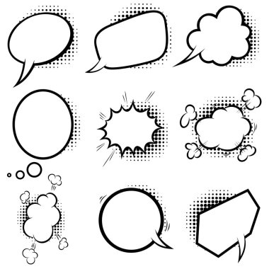 Yarım tonlu gölgeli, boş komedi tarzı konuşma balonları. Poster, amblem, işaret, afiş, el ilanı için tasarım elemanı. Vektör illüstrasyonu