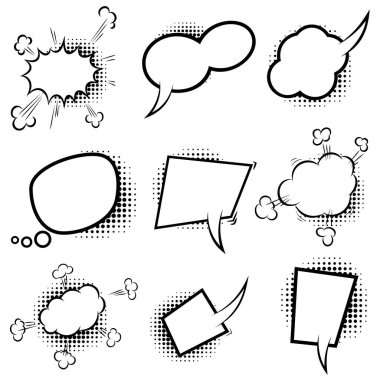 Yarım tonlu gölgeli, boş komedi tarzı konuşma balonları. Poster, amblem, işaret, afiş, el ilanı için tasarım elemanı. Vektör illüstrasyonu