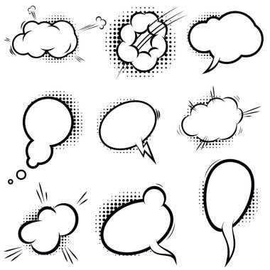 Yarım tonlu gölgeli, boş komedi tarzı konuşma balonları. Poster, amblem, işaret, afiş, el ilanı için tasarım elemanı. Vektör illüstrasyonu