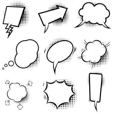 Yarım tonlu gölgeli, boş komedi tarzı konuşma balonları. Poster, amblem, işaret, afiş, el ilanı için tasarım elemanı. Vektör illüstrasyonu