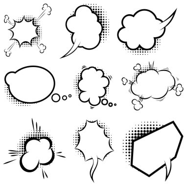 Yarım tonlu gölgeli, boş komedi tarzı konuşma balonları. Poster, amblem, işaret, afiş, el ilanı için tasarım elemanı. Vektör illüstrasyonu